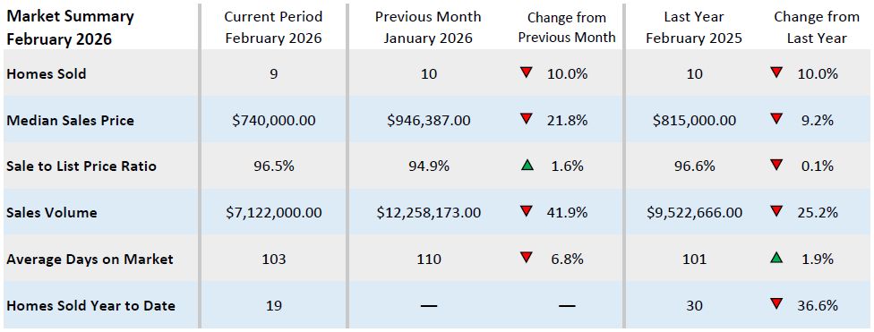 Market summary comparing January 2026, December 2025, and January 2025 for homes sold, median sales price, sale-to-list ratio, sales volume, and average days on market